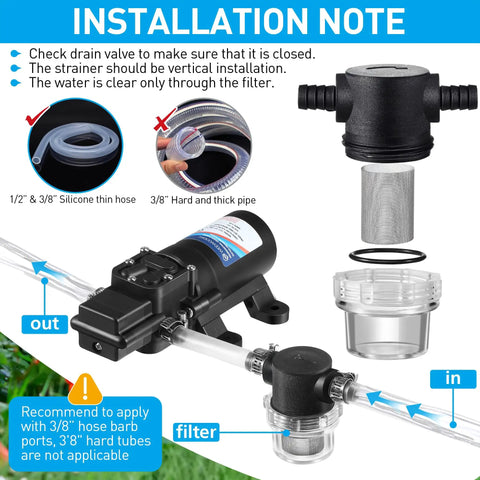 Installation of Two Pack Water Pump Strainers With Three Eighth Inch Hose Barb Inline Mesh Filter Screen Twist On Plumbing Strainers For RV Sprayers Marine Boats Camper Lawn Care 50 Mesh Stainless Steel with 3/8 inch hose connections.