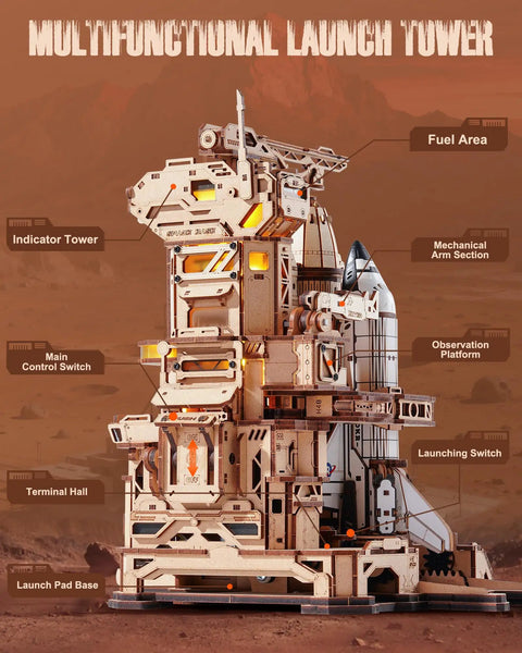 3D Space Shuttle Wooden Puzzle For Adults With Lighted Launch Pad, detailed rocket model with labeled sections.