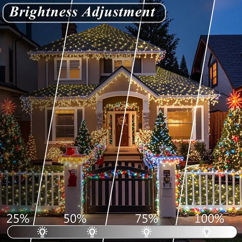Color Changing Christmas Net Lights RGB 204 LED Mesh For Outdoor Decor showing brightness levels on house