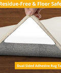 Hand lifting corner of rug showing underside with triangle-shaped 12 Pack Rug Tape For Hardwood Floors Keeps Rugs In Place With No Slip Hang Tight Double Sided Adhesive Carpet Tape Reusable Anti Slip Rug Grips For Area Rugs On Wood Floors