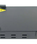 Side view of fiber enclosure showing ports and clips. Wall Mount Fiber Enclosure With Spool And Loaded 6 Port LC UPC OM1 OM2