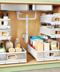 Heavy Duty 2 Pack Under Sink Organizer With Adjustable 3 Tier Metal Pull Out Drawers For Kitchen Cabinet And Bathroom Vanity, storing toiletries and cleaning supplies.