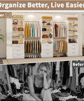 Slick Modular Closet Organizer System With Hella Flexible Span Up To Nine Feet storing clothes and accessories in a neat white design.