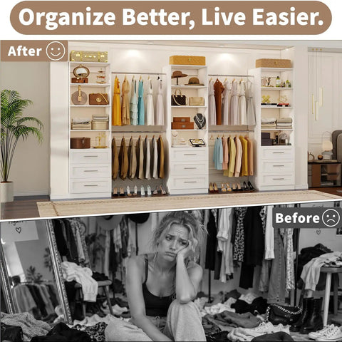 Slick Modular Closet Organizer System With Hella Flexible Span Up To Nine Feet storing clothes and accessories in a neat white design.