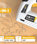 Straight Up Hassle Free Cordless Electric Staple Gun And Brad Nailer Combo on a wooden surface with staples and brad nails.