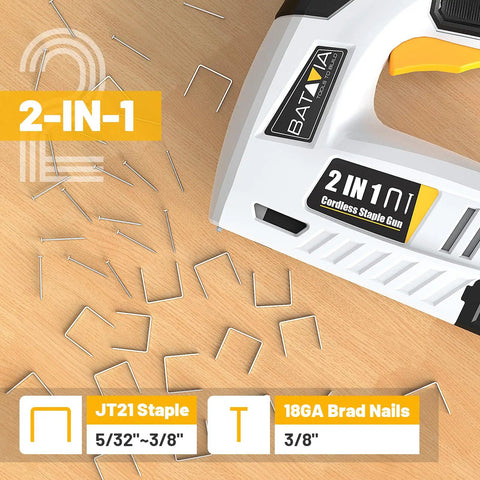 Straight Up Hassle Free Cordless Electric Staple Gun And Brad Nailer Combo on a wooden surface with staples and brad nails.