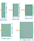 Double Sided PCB Perf Board Kit With 54 Pieces Across Five Sizes For Arduino DIY Soldering Projects Protoboards Include 40 Pin Headers Great For Makers And Circuit Prototyping Hands On For Beginners And Pros. green double-sided PCB perf boards in 5 sizes, 20x80 to 70x90mm