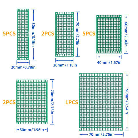 Double Sided PCB Perf Board Kit With 54 Pieces Across Five Sizes For Arduino DIY Soldering Projects Protoboards Include 40 Pin Headers Great For Makers And Circuit Prototyping Hands On For Beginners And Pros. green double-sided PCB perf boards in 5 sizes, 20x80 to 70x90mm