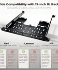 Heavy Duty Double Stack 19 Inch 1U Rackmount Bracket For Mini Pc Server Enclosure with compatibility information for Dell, Lenovo, HP.