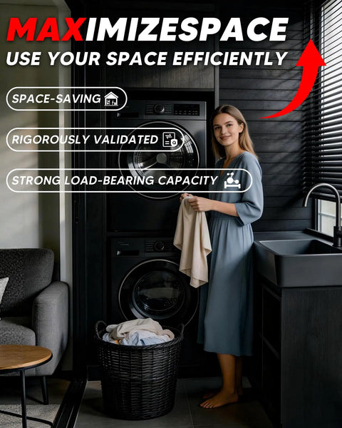 Heavy Duty 27 Inch Washer Dryer Stacking Kit Replacement For LG Laundry Units, woman standing by stacked washer dryer in laundry room