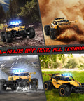 Monster 1 To 12 Scale RC Truck With LED Headlights shows rugged off-road terrains including mud, water, and forest.