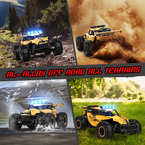 Monster 1 To 12 Scale RC Truck With LED Headlights shows rugged off-road terrains including mud, water, and forest.