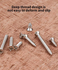 M2 Flat Head Self Tapping Screws Set, cross drive, nickel plated carbon steel, shown on wooden surface, 8 assorted sizes