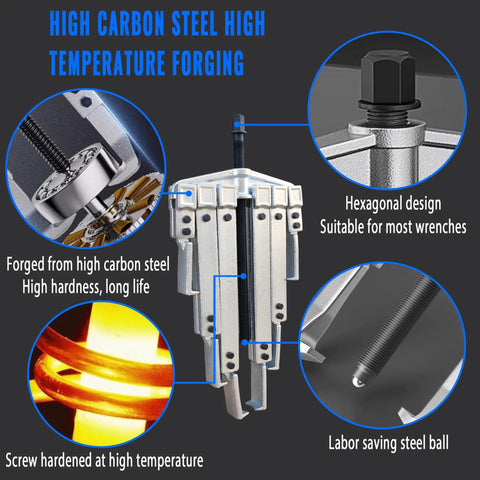 Diagram of a 3 In 1 Gear Puller Set With 9 Piece Beefy Heavy Duty Cr V Steel Pro Grade Kit showcasing high carbon steel features.