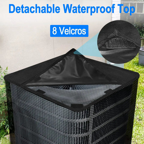 All Seasons Outdoor AC Unit Cover With Detachable Waterproof Top, No Fuss Full Mesh Breathable Design, shown with velcro fasteners.