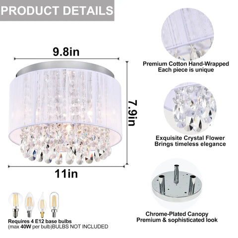White Cotton Thread Drum Crystal Flush Mount Chandelier 3 Light Ceiling Light Fixture for Bedroom Living Room Foyer Nursery
