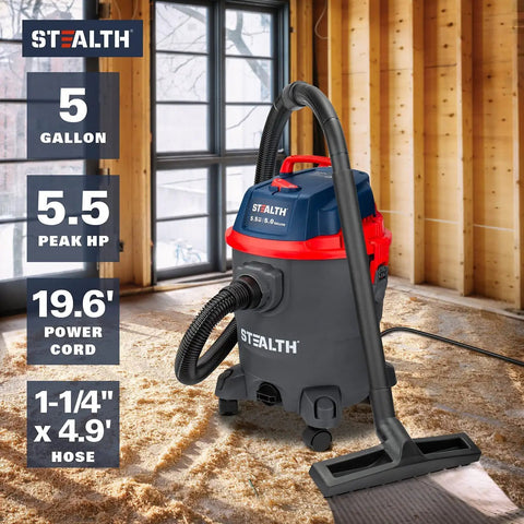 Beast 5.5 Peak HP Wet And Dry Shop Vacuum with 5 Gallon Tank and Blower Drain Port in a garage setting.
