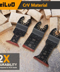 Rip Through Heavy Duty Deep Reach Oscillating Tool Blades For Woodwork, CrV material blades on wood shavings surface.