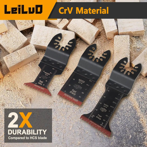 Rip Through Heavy Duty Deep Reach Oscillating Tool Blades For Woodwork, CrV material blades on wood shavings surface.