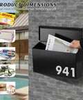 Heavy Duty Wall Mount Mailbox With Beefy Capacity Galvanized Steel Outdoor Post Box Rust Proof Black 15.7 X 9.9 X 4.9 Inches opened on wall holding mail