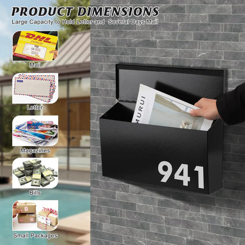Heavy Duty Wall Mount Mailbox With Beefy Capacity Galvanized Steel Outdoor Post Box Rust Proof Black 15.7 X 9.9 X 4.9 Inches opened on wall holding mail