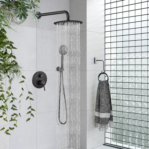Rain Shower System With 10 Inch Round Showerhead And Handheld High Pressure Faucet Set In Matte Black Finish in modern bathroom