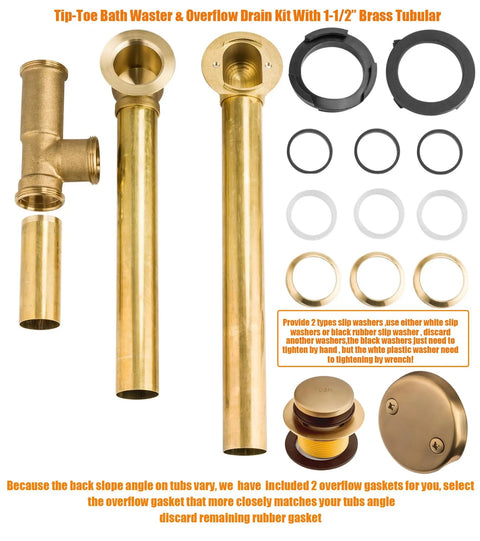 Solid Heavy Duty Brass Tub Drain Set With Tip Toe Stopper Overflow Plate And Matching Plug In Sweet Champagne Bronze Finish, components shown.