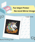 Inkjet Printable Iron On Heat Transfer Paper For Dark Fabrics 20 Sheets 8.5x11 Inches DIY Tees Bags Totes At Home With Easy Iron On Transfers Make Your Own Custom Tees And More showing unicorn design.