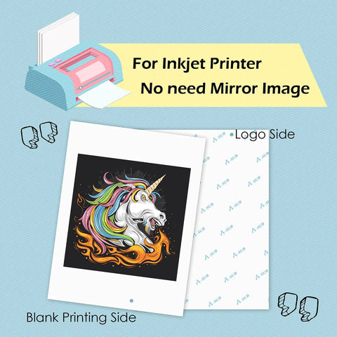 Inkjet Printable Iron On Heat Transfer Paper For Dark Fabrics 20 Sheets 8.5x11 Inches DIY Tees Bags Totes At Home With Easy Iron On Transfers Make Your Own Custom Tees And More showing unicorn design.