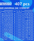 Chart showing 407-piece all in one O-ring kit with 32 SAE sizes, nominal size measurements, and part numbers visible.