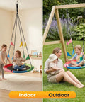 40 Inch Saucer Tree Swing For Kids And Adults, multicolored indoor and outdoor use with adjustable ropes and straps.