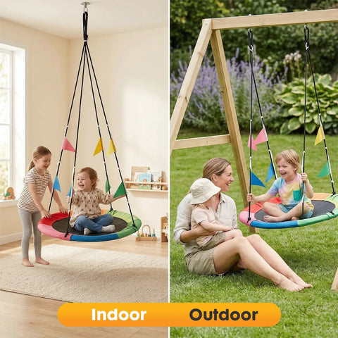 40 Inch Saucer Tree Swing For Kids And Adults, multicolored indoor and outdoor use with adjustable ropes and straps.