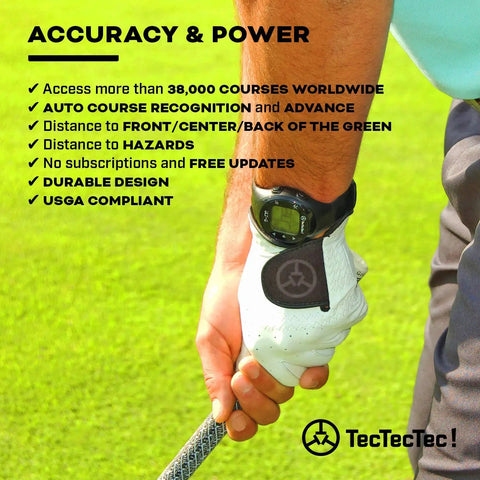 Golfer wearing ULT-G Golf GPS Watch With Front Center Back Distances Hazards 38 Thousand Plus Courses Preloaded No App Needed