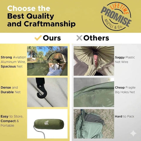 Comparison of camping hammock with mosquito net: strong, dense design vs saggy, fragile alternative, focus on material quality.