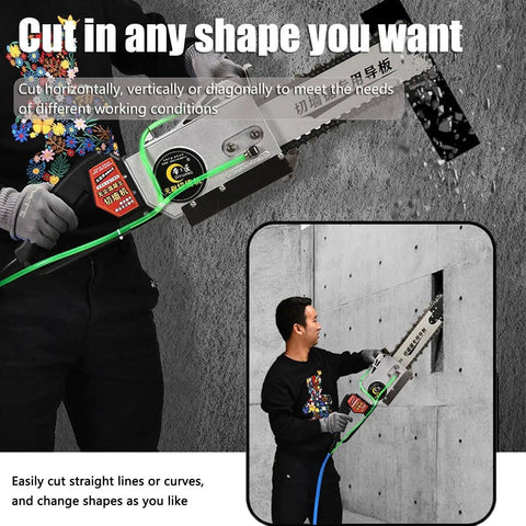 High Torque Electric Concrete Wall Saw Featuring Built Like A Tank Diamond Chain Blade For Fast Grooving Clean Slotting And Smooth Masonry Cutting Projects cutting through concrete wall, showing versatility in shape.