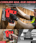 Pro Grade Cordless Brad Nailer Driven By A Badass Brushless Motor and Built Hella Tough, used for precise fastening on wood.