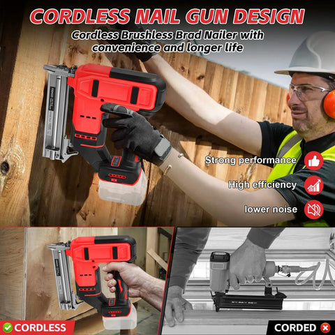 Pro Grade Cordless Brad Nailer Driven By A Badass Brushless Motor and Built Hella Tough, used for precise fastening on wood.