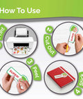 How to use printable vinyl sticker paper: print, cut out, peel, stick with printer, scissors, notebook.