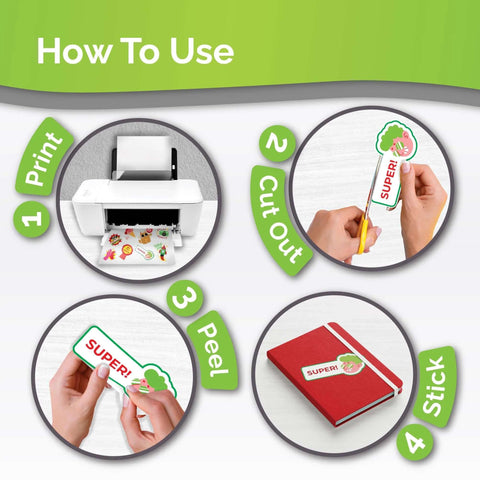 How to use printable vinyl sticker paper: print, cut out, peel, stick with printer, scissors, notebook.