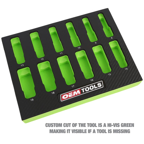 EVA foam tray for Deep Well Socket Set Three Eighths Inch Drive, Twelve-Piece Metric Socket Set 8mm To 19mm, labeled slots