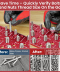 JoblikeBrez thread checker bolt gauge on red metal wall-mount board with assorted bolts
