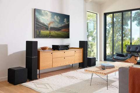 Living room setup with 7.2 Channel AV Receiver With Built-In HEOS And 8K HDMI Dope Wireless Streaming Dolby Atmos HDR10 Plus Dynamic HDR DTS X