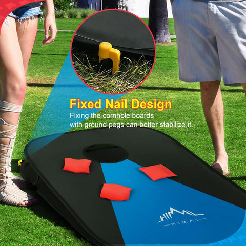 Portable Foldable Cornhole Boards Set 3 By 2 Feet With Carrying Case on grass showing fixed nail design and toss bags