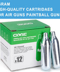 Box of 8 Gram And 12 Gram CO2 Cartridges For Paintball And Airsoft Pro Grade High Pressure CO2 Powerlets with two visible cartridges