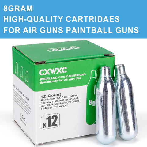 Box of 8 Gram And 12 Gram CO2 Cartridges For Paintball And Airsoft Pro Grade High Pressure CO2 Powerlets with two visible cartridges