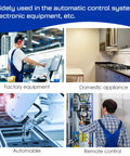 Factory equipment, kitchen appliance, robotic arm, and technician shown using Four Pack DC 12V General Purpose Relays, 8 Pin DPDT.