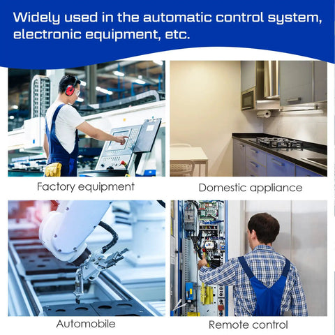 Factory equipment, kitchen appliance, robotic arm, and technician shown using Four Pack DC 12V General Purpose Relays, 8 Pin DPDT.