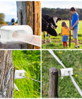 Ceramic electric fence insulator, lag-screw style on wooden post; white, heavy-duty.