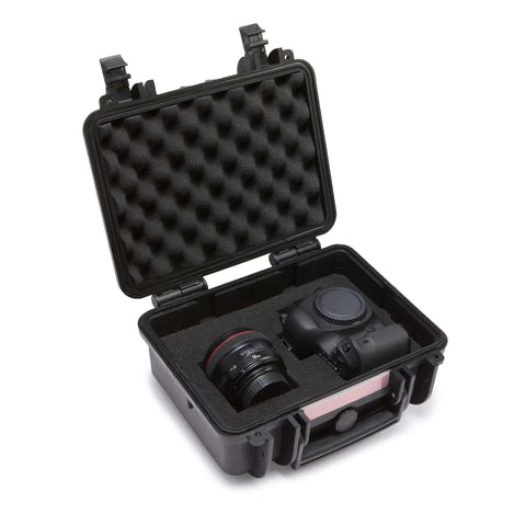 Kickass Hard Camera Case Featuring Smooth Side Handles And Custom Foam Dividers For Dslr Gear Transport with camera and lens inside.