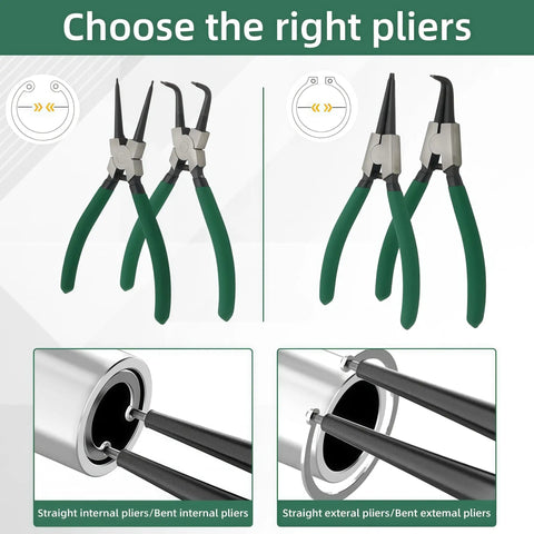 7 Inch Snap Ring Pliers Set For Internal And External Circlips, 4Pcs With Straight And 90 Degree Bent Jaws on display